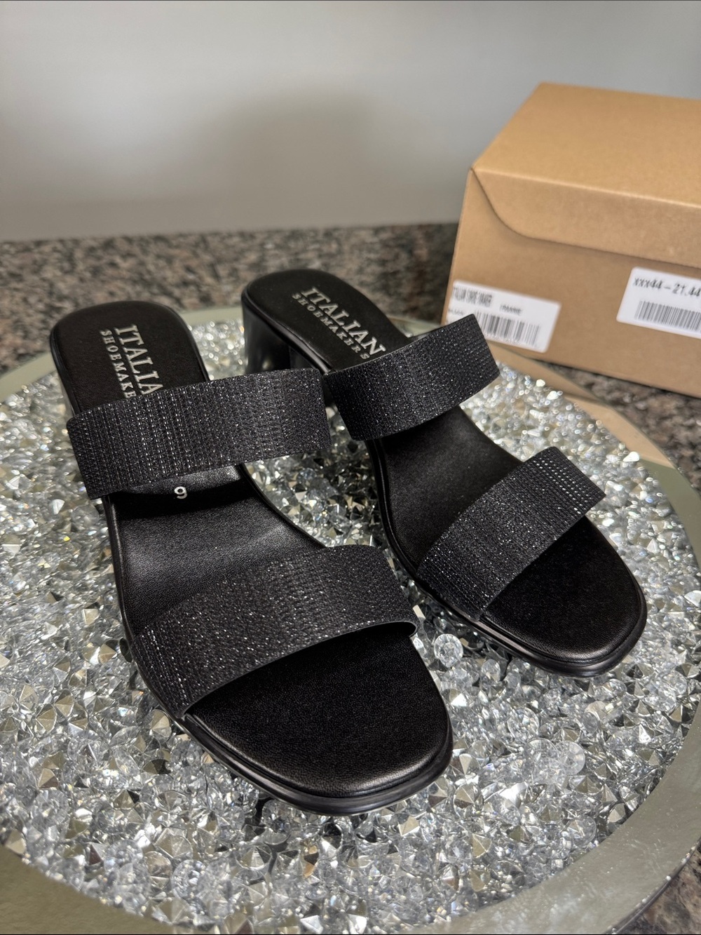 Italian Shoemakers Frannie Black Sparkle Double-Strap Slide Mules NEW 9
